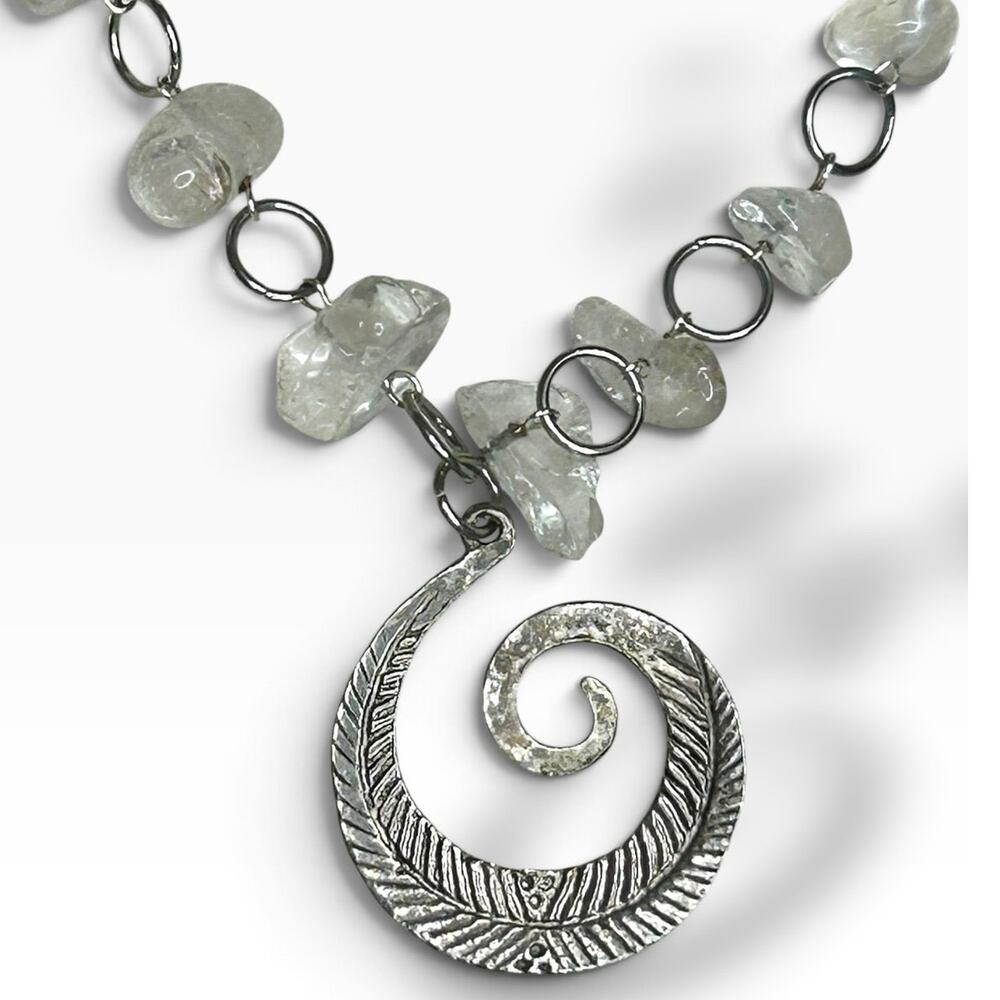 Chunky Faux Crystal Nugget Boho Necklace Silver Tone Textured Spiral Pendant